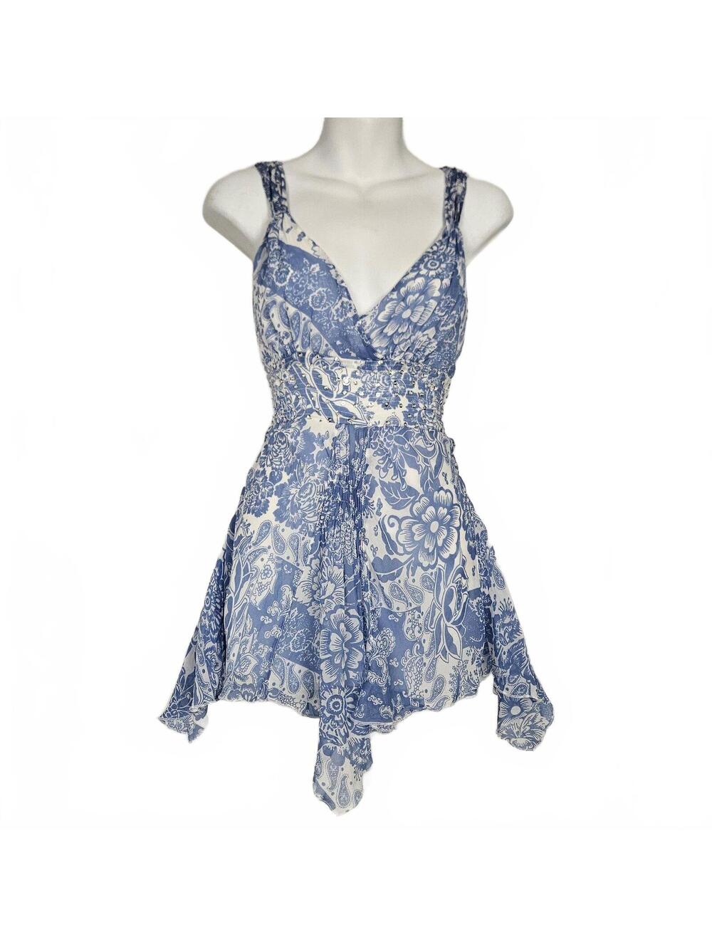 Y2K Vtg Grail, Handkerchief Hem Beaded Sequin Blue & White Babydoll, small